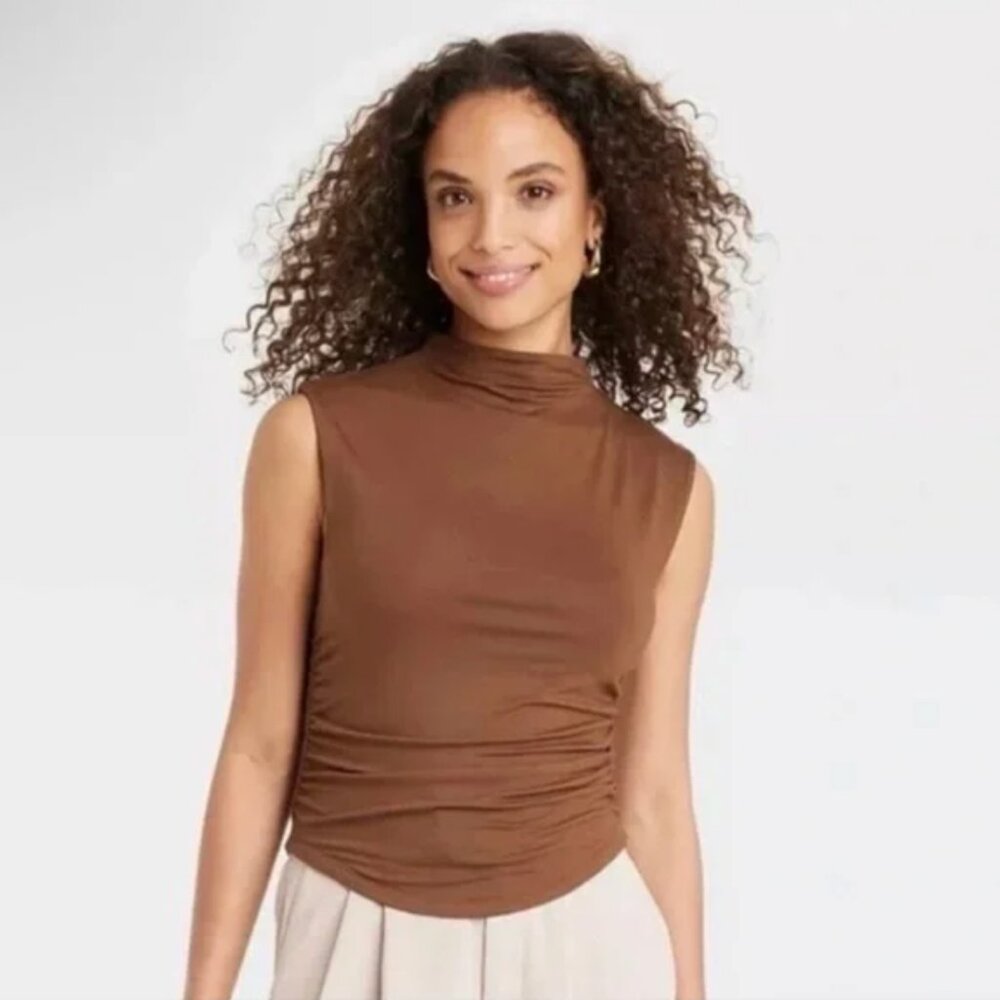 Brown Mockneck Sleeveless Ruched Top